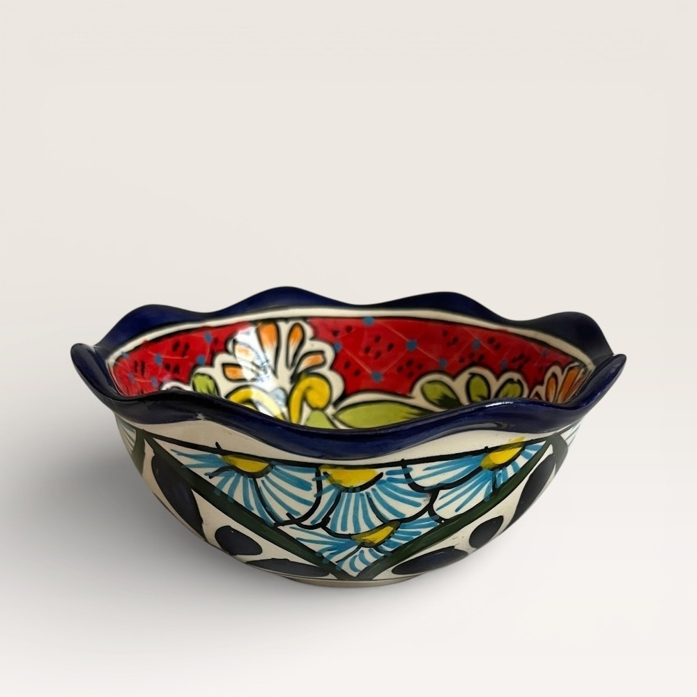 Alba Mexico Pottery Soup Salad Bowl Ceramic Hand Painted‎ Talavera Blue Green